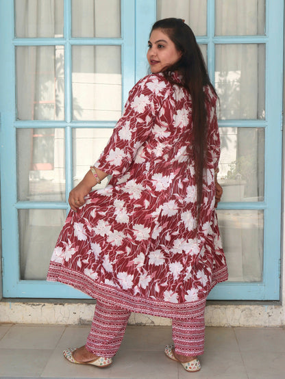 Sukoon Maroon Floral Cotton Anarkali