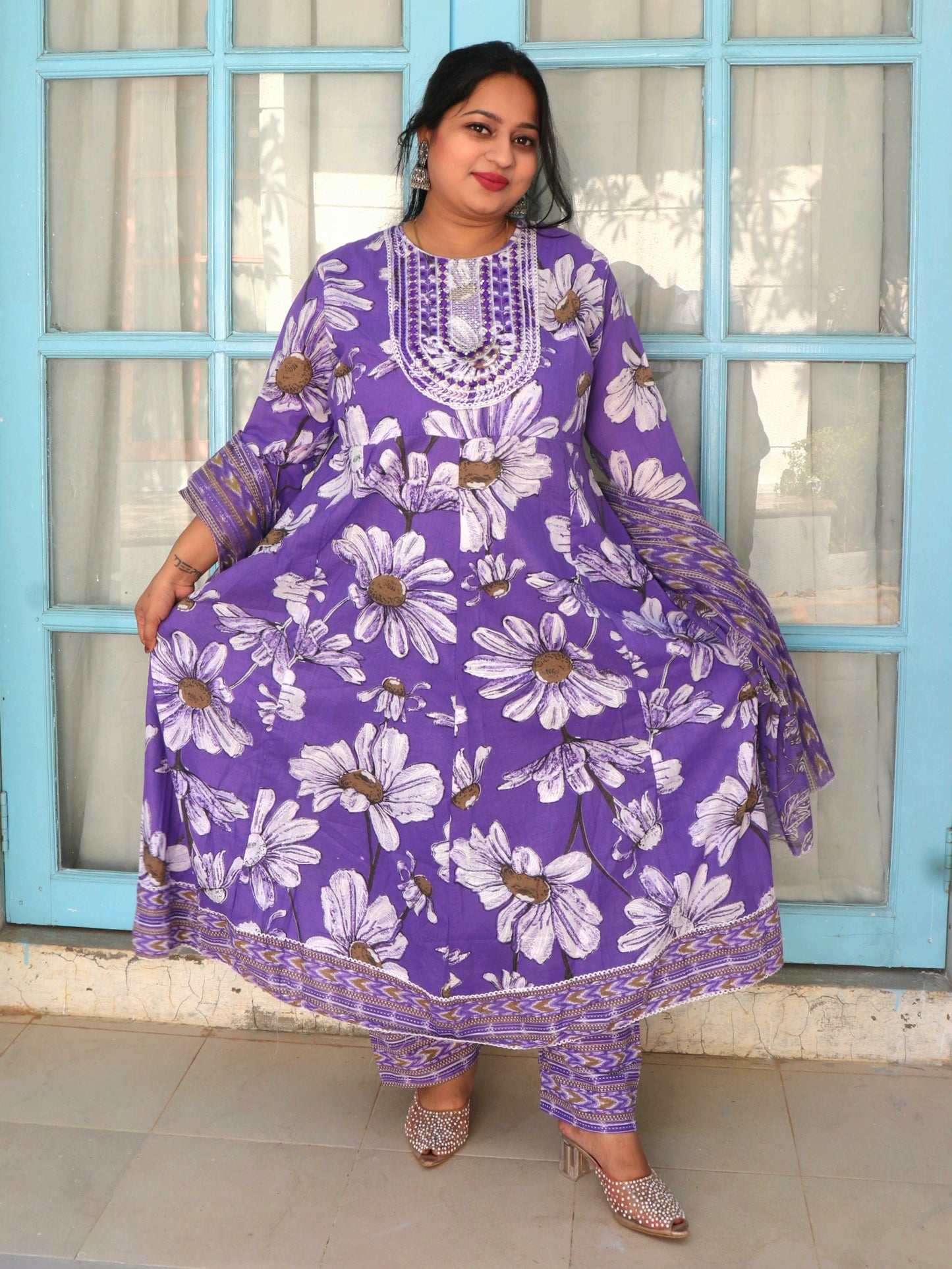 Sukoon Dark Lavender Floral Cotton Anarkali