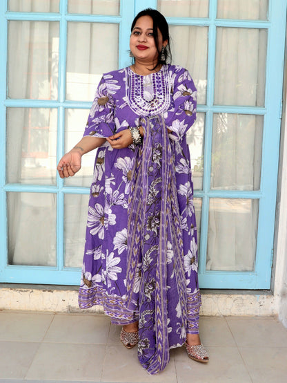 Sukoon Dark Lavender Floral Cotton Anarkali