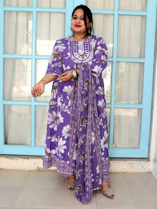 Sukoon Dark Lavender Floral Cotton Anarkali
