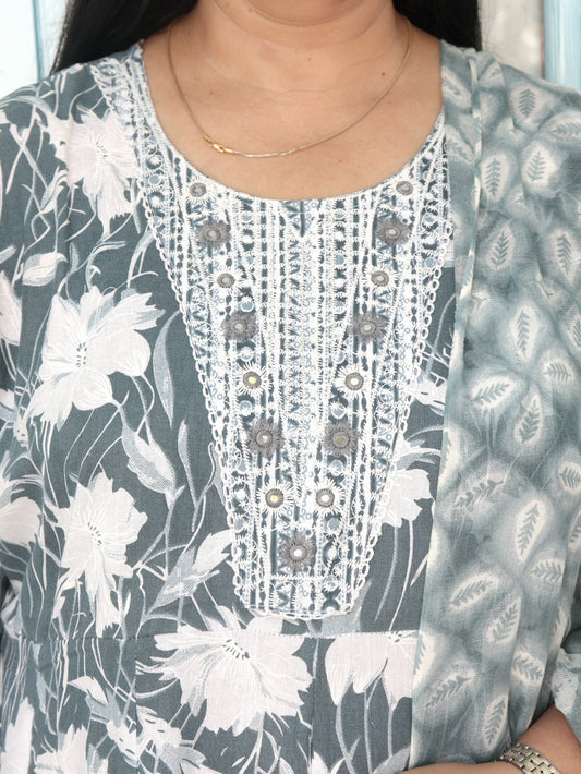 Sukoon Grey Floral Cotton Anarkali