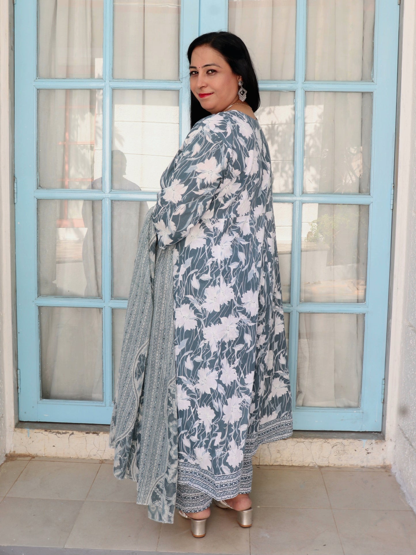Sukoon Grey Floral Cotton Anarkali