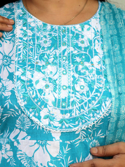 Sukoon Breeze Blue Floral Cotton Anarkali