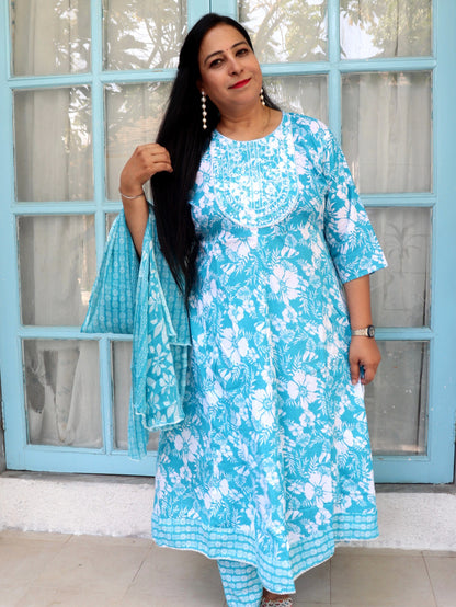 Sukoon Breeze Blue Floral Cotton Anarkali