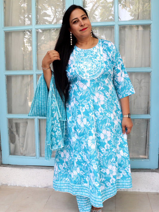 Sukoon Breeze Blue Floral Cotton Anarkali