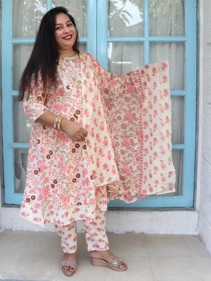 Sukoon Cream Peach Floral Cotton Anarkali