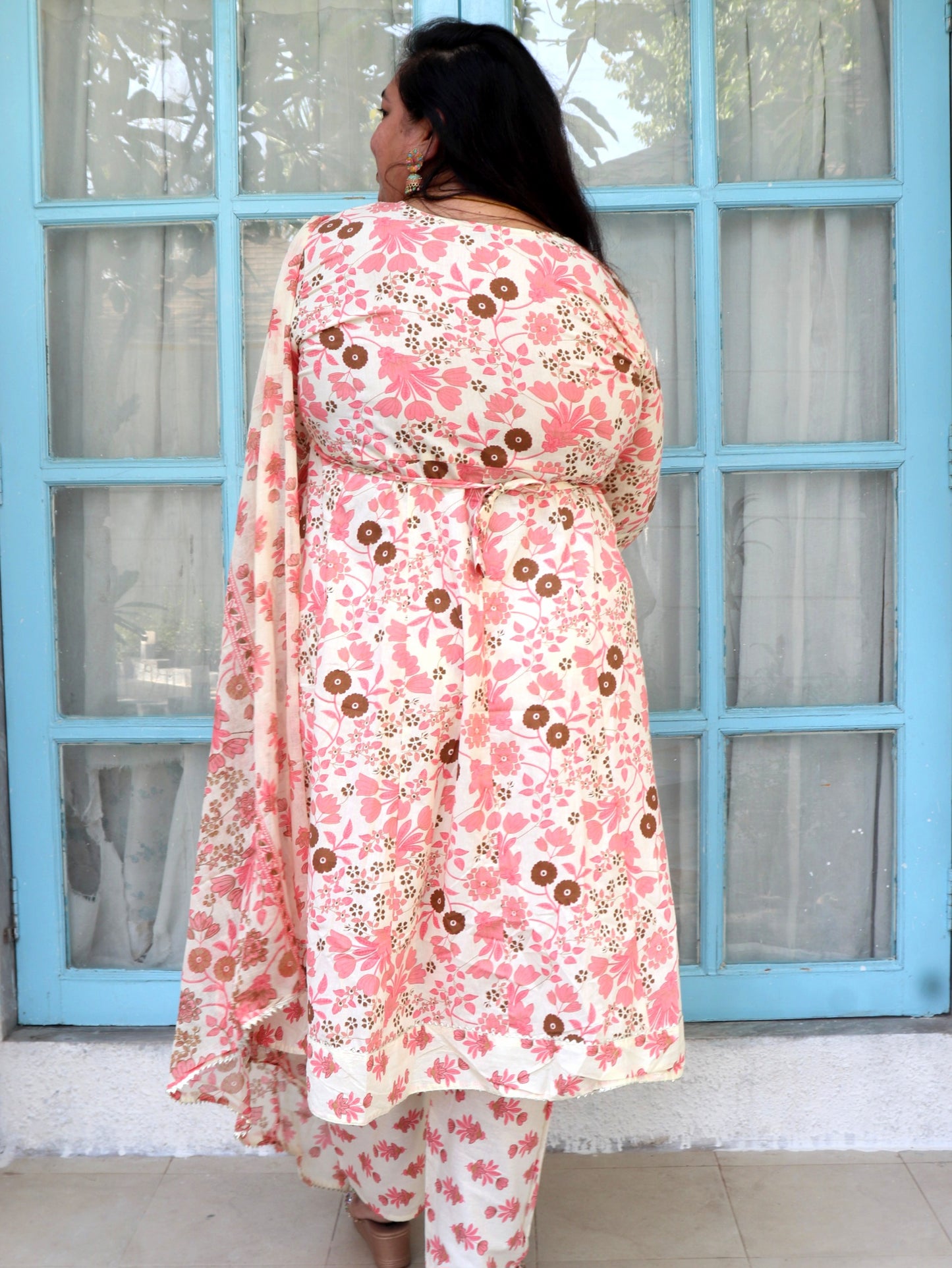 Sukoon Cream Peach Floral Cotton Anarkali