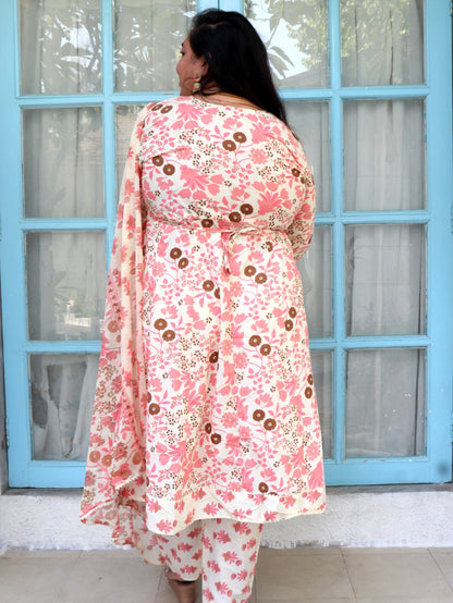 Sukoon Cream Peach Floral Cotton Anarkali