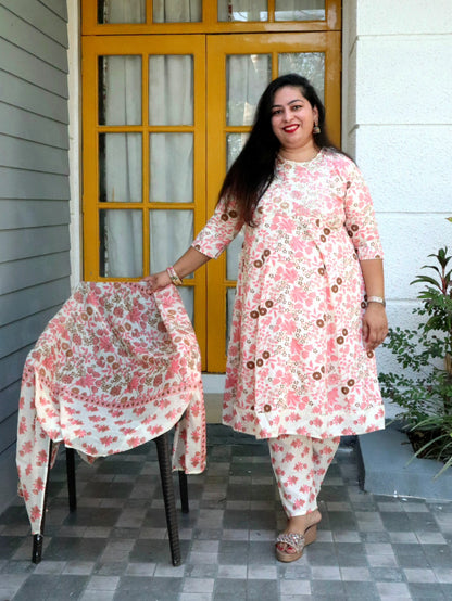 Sukoon Cream Peach Floral Cotton Anarkali