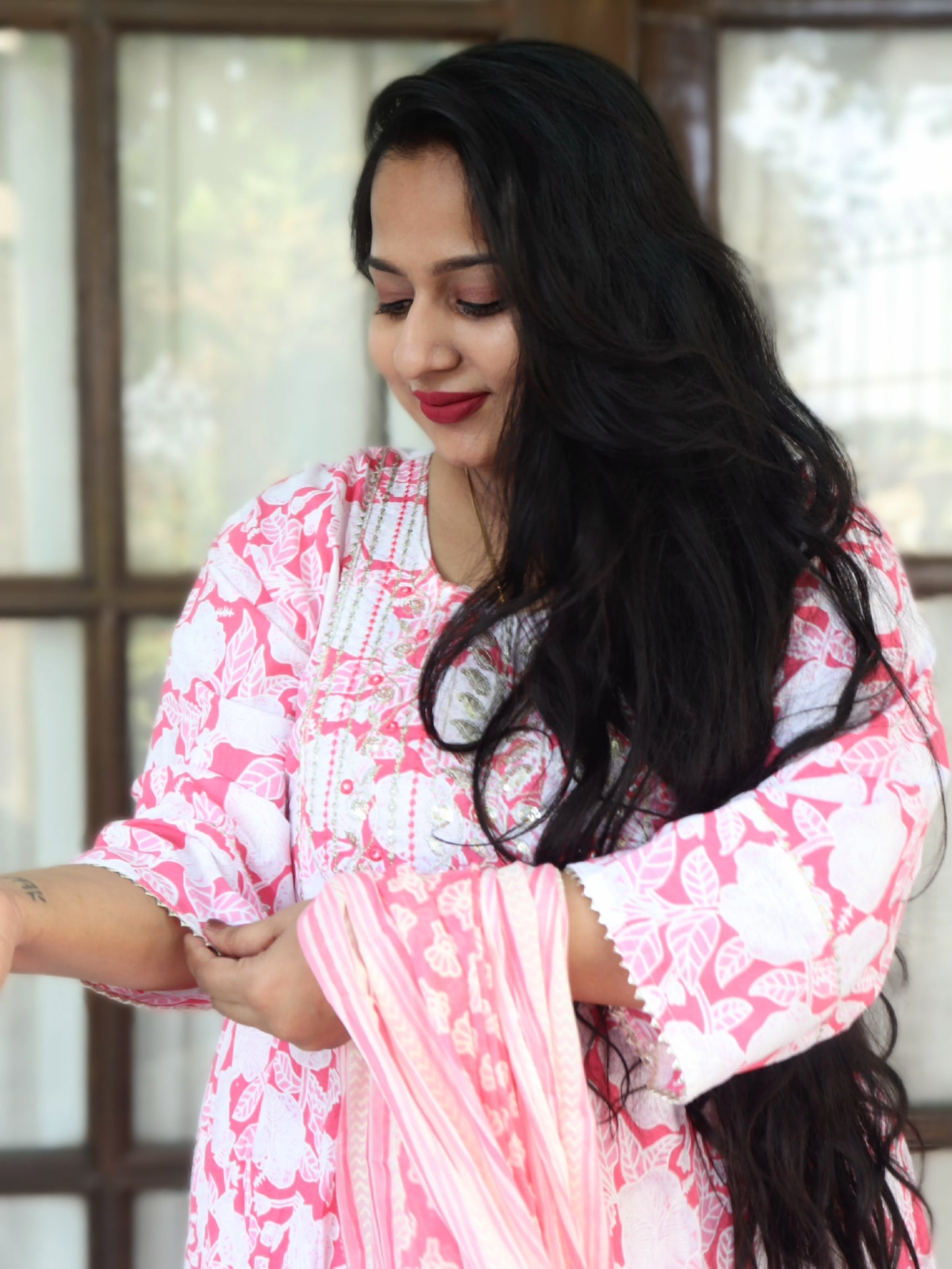 Sukoon White Pink Floral Cotton Anarkali