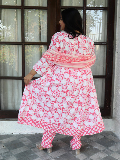 Sukoon White Pink Floral Cotton Anarkali