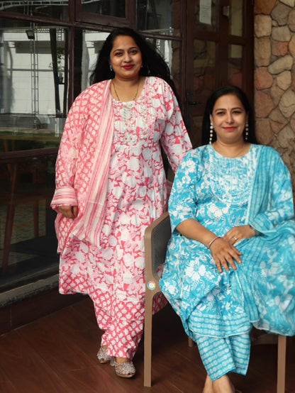 Sukoon White Pink Floral Cotton Anarkali