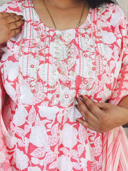 Sukoon White Pink Floral Cotton Anarkali