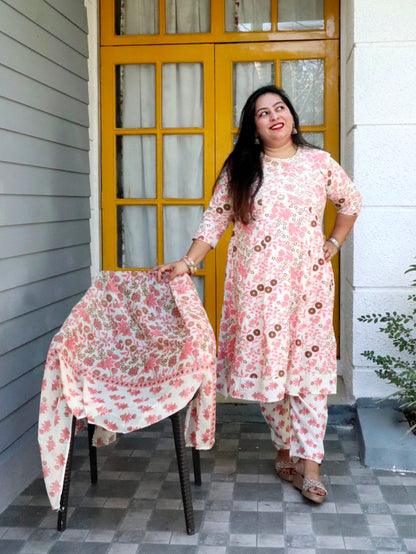 Sukoon Cream Peach Floral Cotton Anarkali
