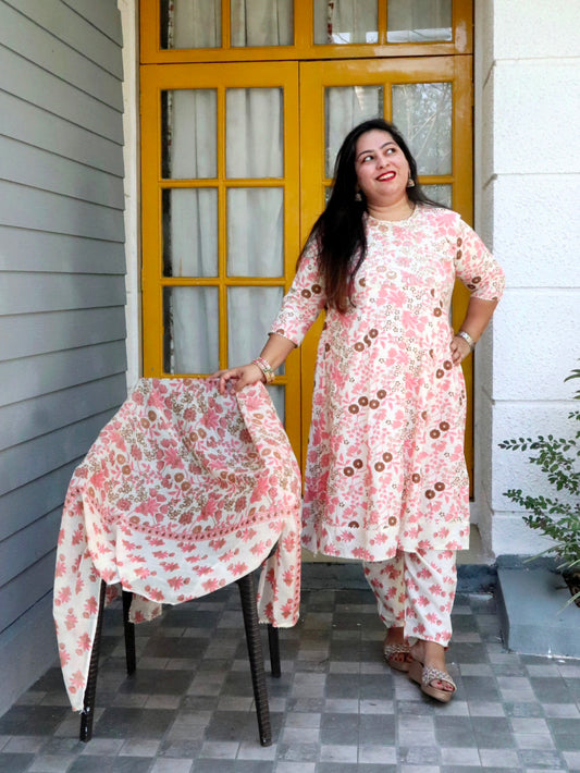 Sukoon Cream Peach Floral Cotton Anarkali