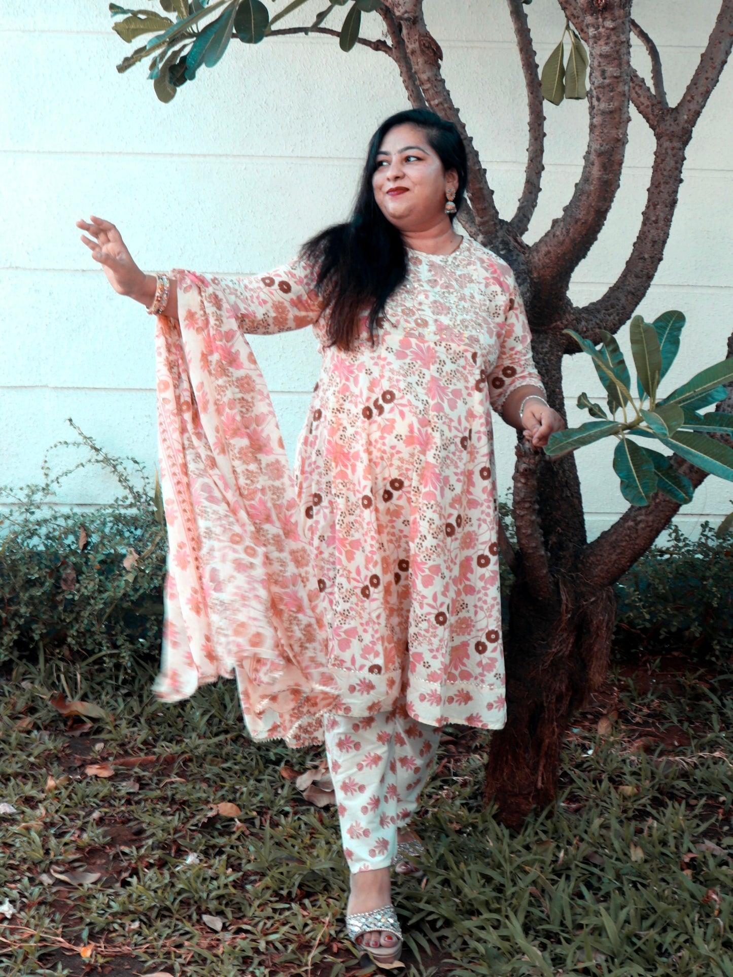 Sukoon Cream Peach Floral Cotton Anarkali