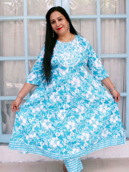 Sukoon Breeze Blue Floral Cotton Anarkali