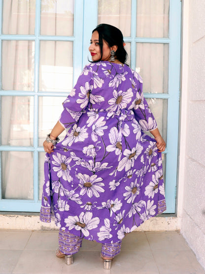 Sukoon Dark Lavender Floral Cotton Anarkali