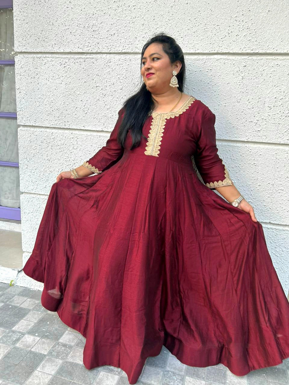 Suhani Maroon Silk Blend Anarkali