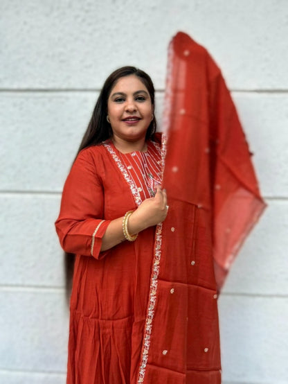 Saanjh Rust Orange Silk Blend Anarkali