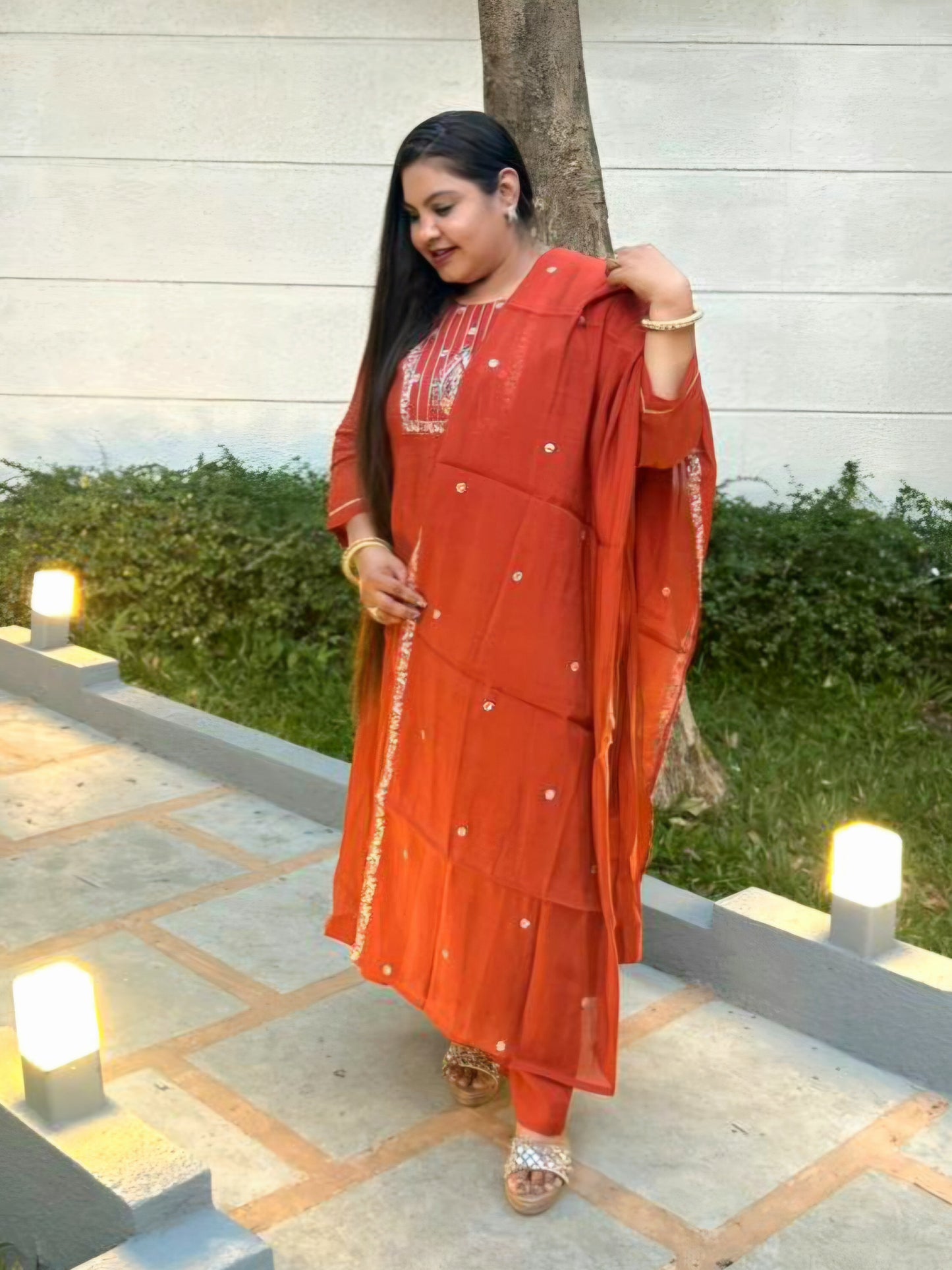 Saanjh Rust Orange Silk Blend Anarkali