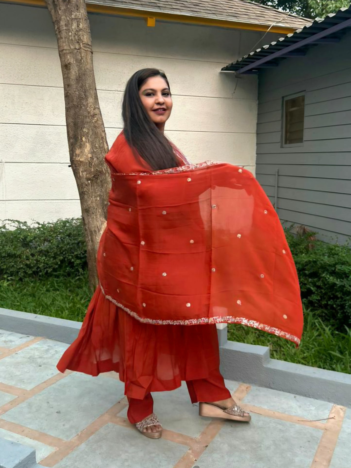 Saanjh Rust Orange Silk Blend Anarkali