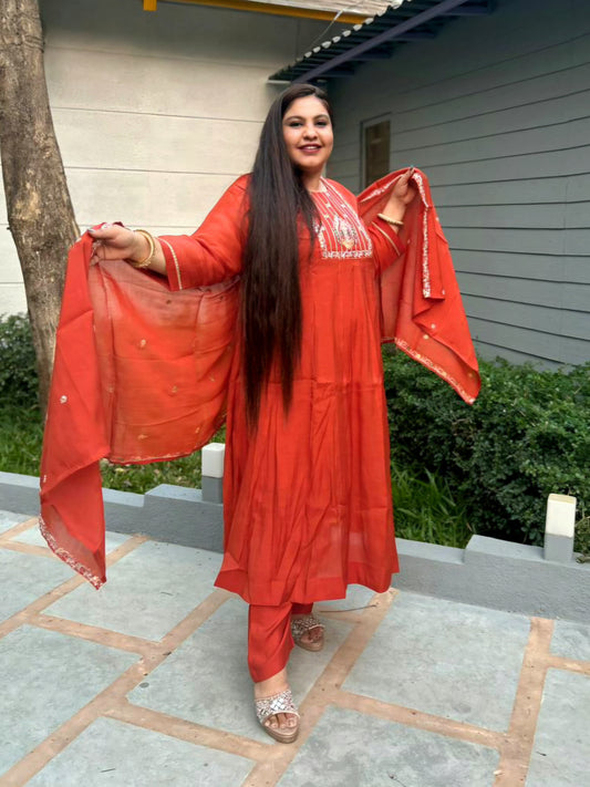 Saanjh Rust Orange Silk Blend Anarkali