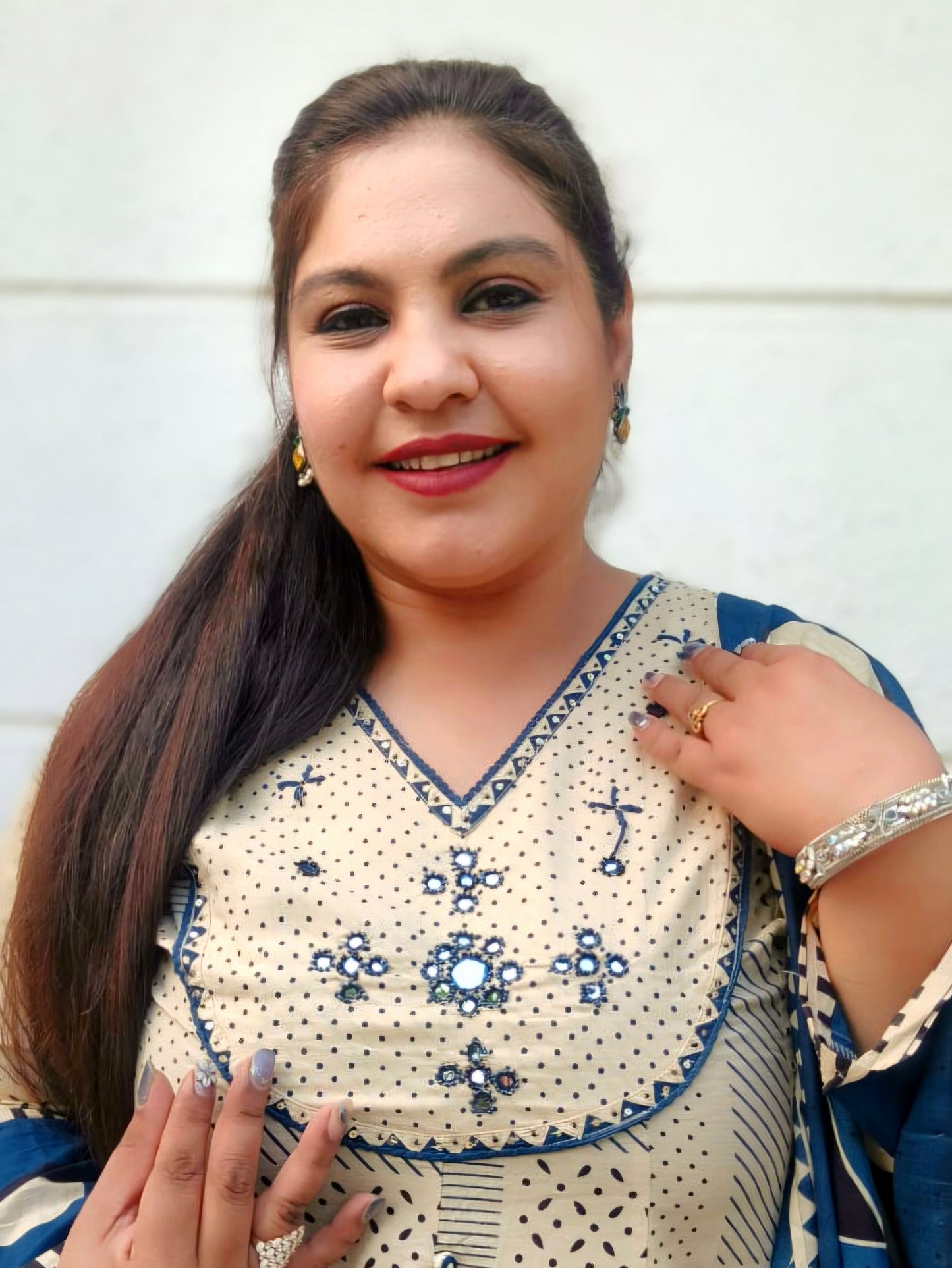 Sukoon Beige And Teal Blue Cotton Anarkali