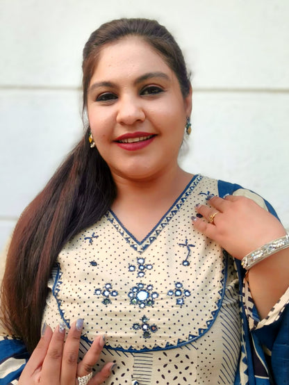 Sukoon Beige And Teal Blue Cotton Anarkali