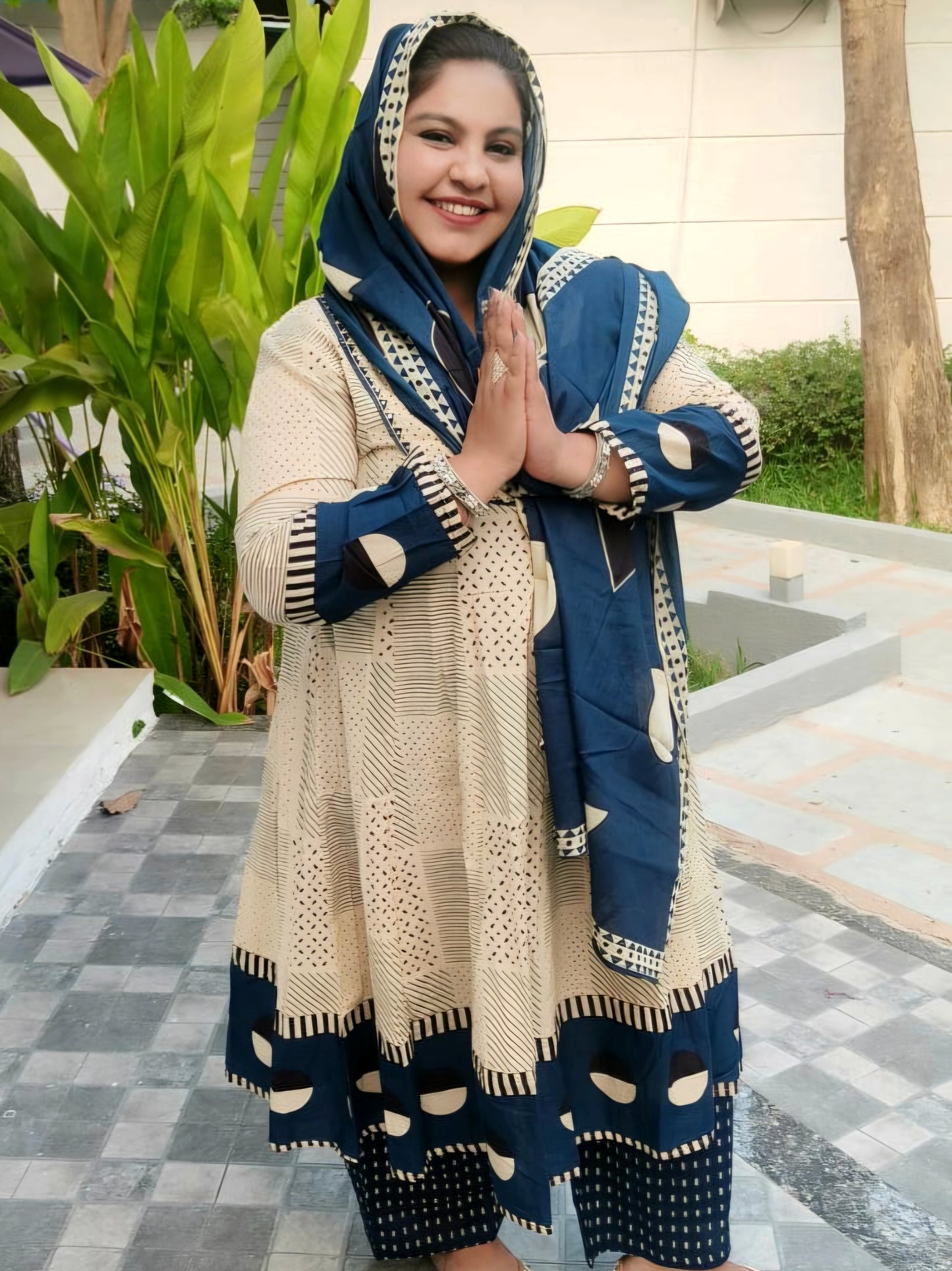 Sukoon Beige And Teal Blue Cotton Anarkali