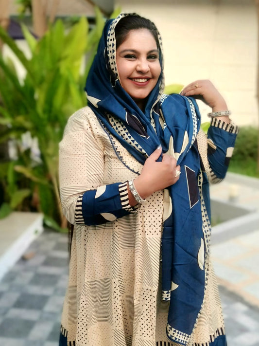 Sukoon Beige And Teal Blue Cotton Anarkali
