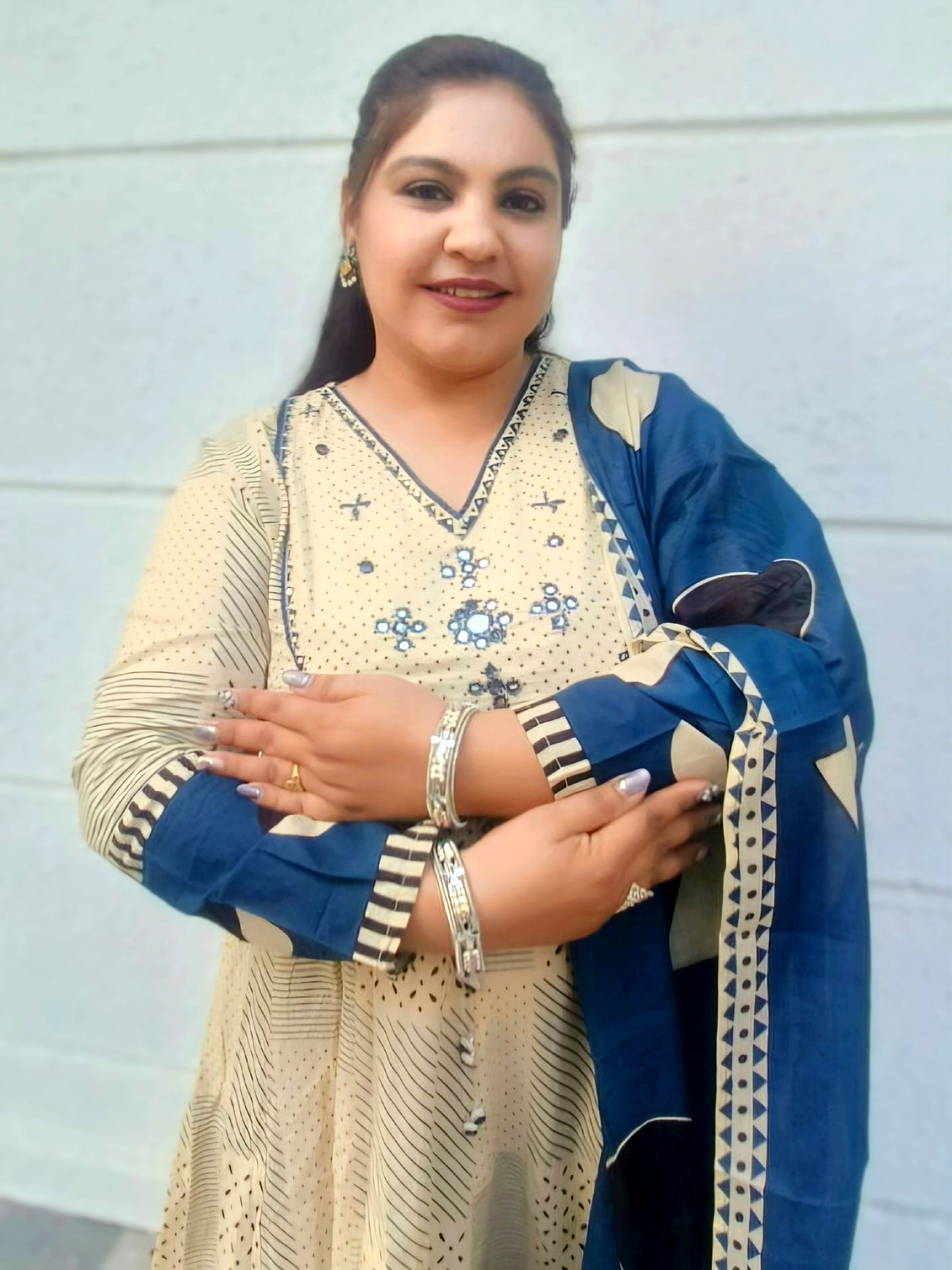 Sukoon Beige And Teal Blue Cotton Anarkali