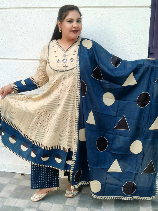 Sukoon Beige And Teal Blue Cotton Anarkali