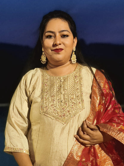 Noor Beige Vichitra Silk Anarkali With Contrast Banarasi Dupatta