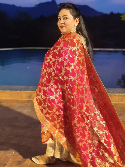Noor Beige Vichitra Silk Anarkali With Contrast Banarasi Dupatta