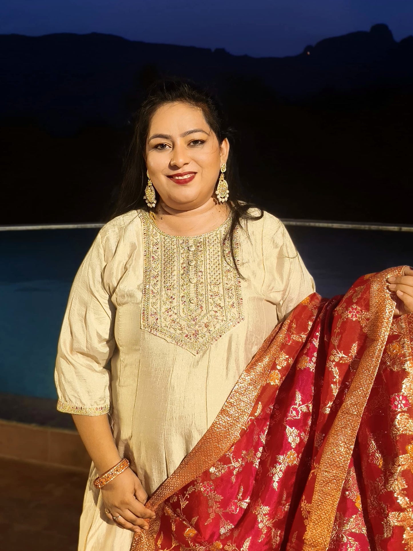 Noor Beige Vichitra Silk Anarkali With Contrast Banarasi Dupatta