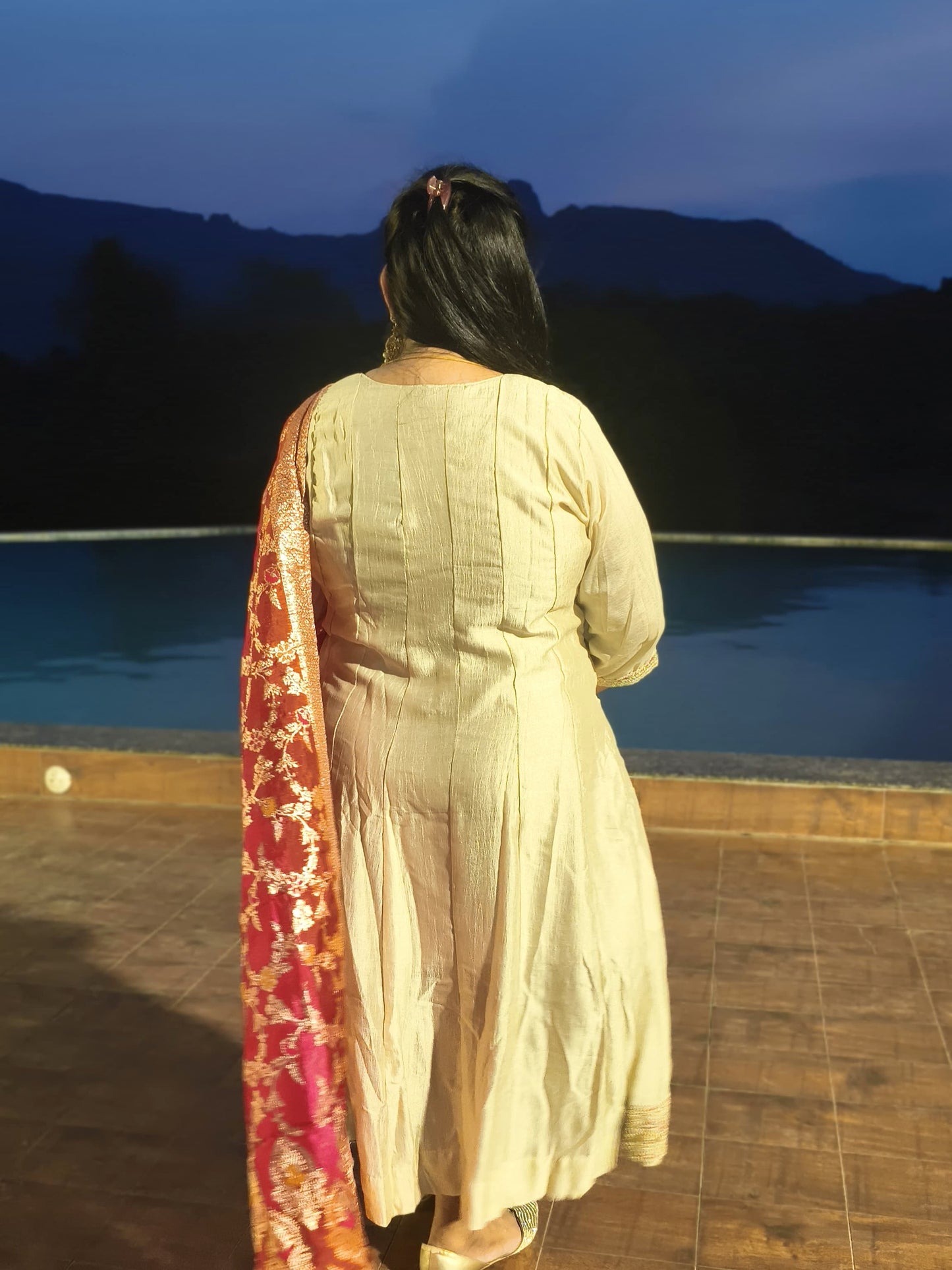 Noor Beige Vichitra Silk Anarkali With Contrast Banarasi Dupatta