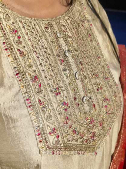 Noor Beige Vichitra Silk Anarkali With Contrast Banarasi Dupatta