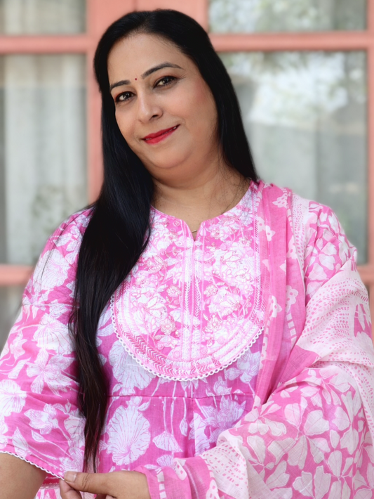 Sukoon Pink Floral Cotton Anarkali