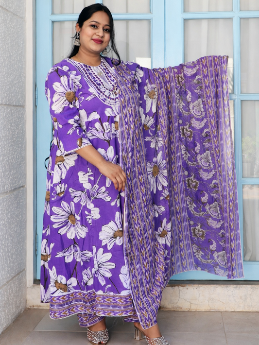 Sukoon Dark Lavender Floral Cotton Anarkali